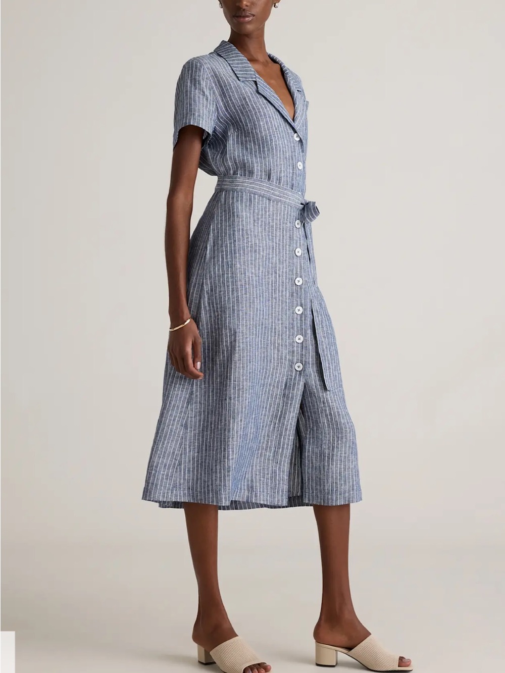 Quince 100%European Linen  Button Front Dress,Small, Chambray Stripe, Classic